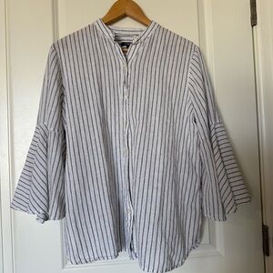 CHAPS Linen/cotton Womens Blouse Charcoal White Stripes Bell‎ Sleeve Size L